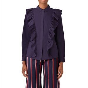 BA&SH Navy Delhi Blouse Button Down Ruffle 2R